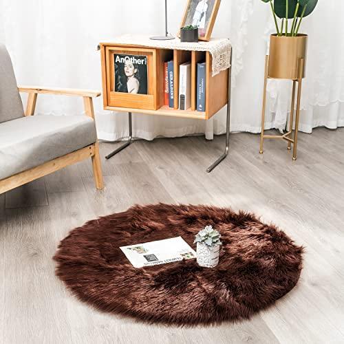 HYSEAS Faux Sheepskin Fur Area Rug Brown 3x3 Feet 2 Pack, Round Fluffy Soft Fuzzy Plush Shaggy Carpet Throw Rug for Indoor Floor, Sofa, Chair, Bedroom, Living Room, Home Decoration - SHOP NO2CO2