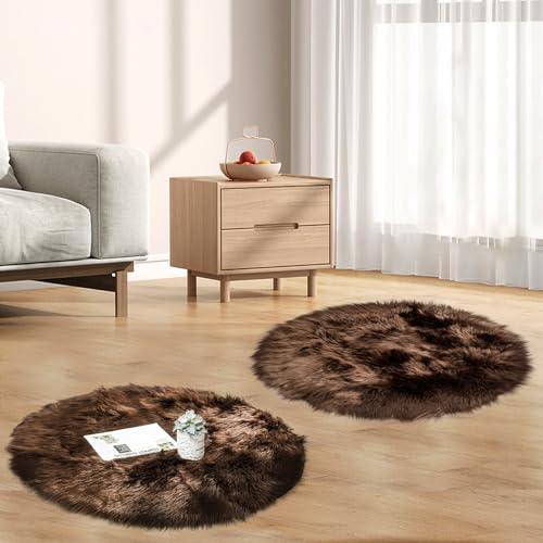 HYSEAS Faux Sheepskin Fur Area Rug Brown 3x3 Feet 2 Pack, Round Fluffy Soft Fuzzy Plush Shaggy Carpet Throw Rug for Indoor Floor, Sofa, Chair, Bedroom, Living Room, Home Decoration - SHOP NO2CO2