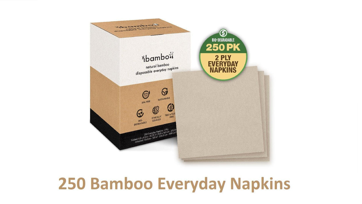 Ibambo 250 Pack Bamboo Everyday Napkins - 2-Ply Ecofriendly Lunch & Dinner Napkins - Bamboo Napkins for Events & Occasions - 6.5x6.5 Inch Folded Disposable Napkins - Compostable Napkins for Dining - SHOP NO2CO2