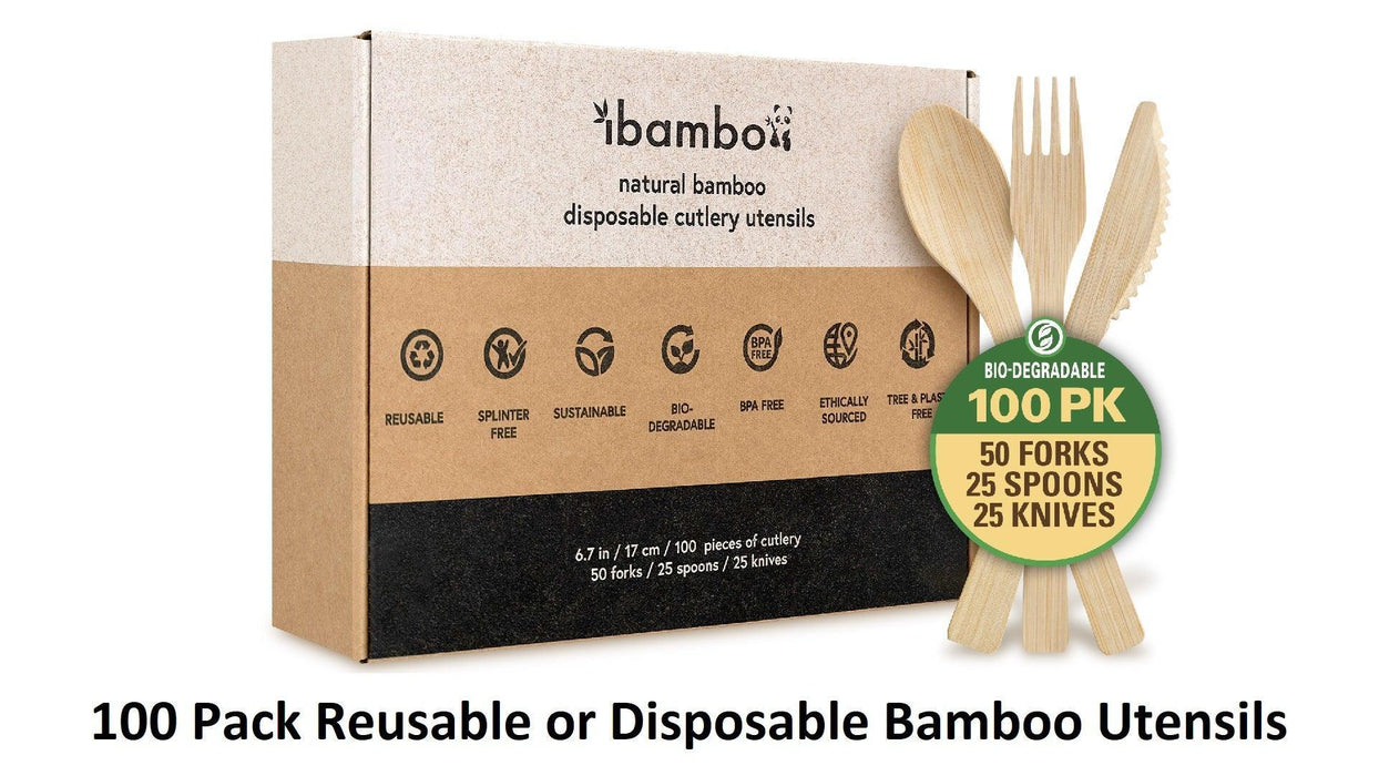 Ibambo Natural Bamboo Utensils 100 Set (50 Forks, 25 Spoons, 25 Knives) Biodegradable Cutlery, Reusable or Disposable Bamboo Cutlery, Compostable Bamboo Flatware for Weddings, Camping, Picnic, Parties - SHOP NO2CO2