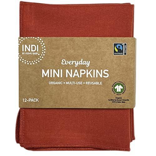 Indi by Kishu Baby - GOTS Certified 100% Organic Cotton Washable Mini Cloth Napkin Sets - Set of 12 Fairtrade Soft Muslin Napkins for All Occasions (Rust) - SHOP NO2CO2