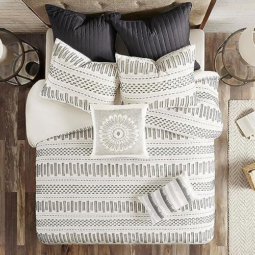 INK+IVY Luxurious Cotton-Bedding Set - Mid Century Trendy Geometric Design, All Season Cozy-Cover With Matching-Shams, Full/Queen, Rhea Jacquard Ivory/Charcoal - SHOP NO2CO2