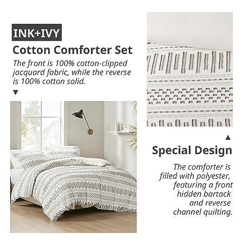 INK+IVY Luxurious Cotton-Bedding Set - Mid Century Trendy Geometric Design, All Season Cozy-Cover With Matching-Shams, Full/Queen, Rhea Jacquard Ivory/Charcoal - SHOP NO2CO2