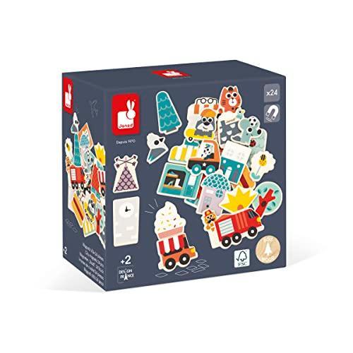 Janod - City Magnets Janod-24 Wooden Toy-City FSC-Educational Game Accessories for Board from 24 Months, J09642, Multi-Coloured - SHOP NO2CO2