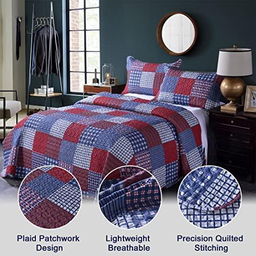 Jessy Home Plaid Quilt Set Queen Bedspreads Coverlet Set Red Blue White Patchwork Queen Size Quilt Set Bedding Soft Lightweight Quilts Coverlet Country Reversible Quilt Bed Spread with 2 Pillow Shams - SHOP NO2CO2