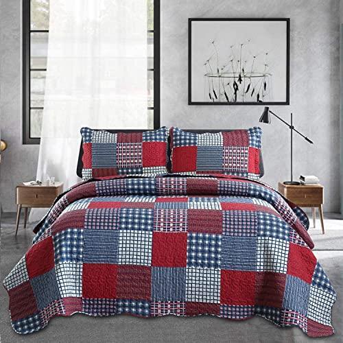 Jessy Home Plaid Quilt Set Queen Bedspreads Coverlet Set Red Blue White Patchwork Queen Size Quilt Set Bedding Soft Lightweight Quilts Coverlet Country Reversible Quilt Bed Spread with 2 Pillow Shams - SHOP NO2CO2