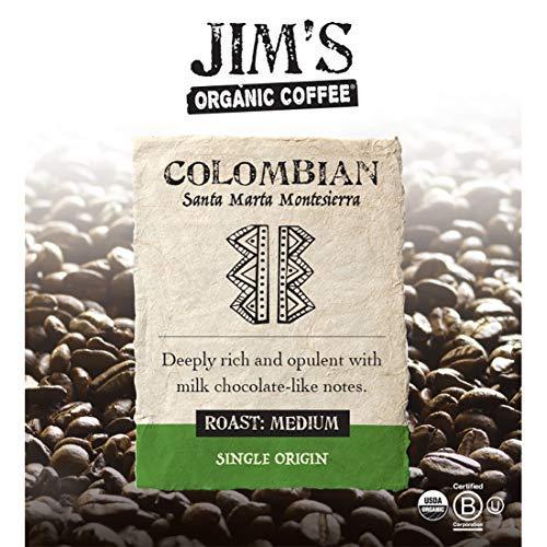 Jim’s Organic Coffee – Colombian – Single Origin, Medium Roast - Whole Bean 12 oz Bag - SHOP NO2CO2