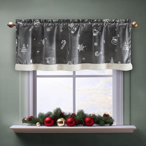 jinchan Christmas Velvet Valance for Windows Snowflake Foil Silver Gray Valance Curtain for Kitchen Living Room Bedroom Xmas Sherpa Trim Small Window Curtain Rod Pocket 1 Panel 18 inch Length Grey - SHOP NO2CO2