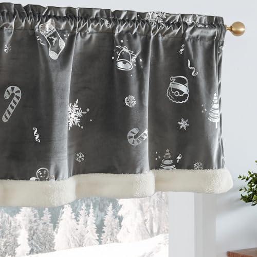 jinchan Christmas Velvet Valance for Windows Snowflake Foil Silver Gray Valance Curtain for Kitchen Living Room Bedroom Xmas Sherpa Trim Small Window Curtain Rod Pocket 1 Panel 18 inch Length Grey - SHOP NO2CO2