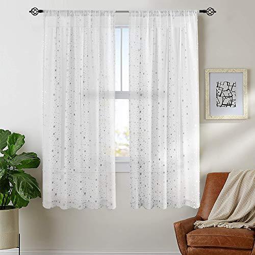 jinchan Sheer Curtains Foil Star Print for Living Room 63 Inches Long Starry Drapes for Girls Bedroom Rod Pocket Silver White Window Curtain Set 2 Panels Christmas Decor Party Backdrop Set Xmas Gift - SHOP NO2CO2