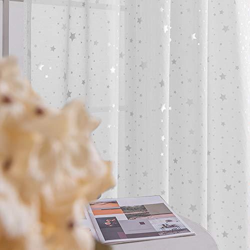 jinchan Sheer Curtains Foil Star Print for Living Room 63 Inches Long Starry Drapes for Girls Bedroom Rod Pocket Silver White Window Curtain Set 2 Panels Christmas Decor Party Backdrop Set Xmas Gift - SHOP NO2CO2