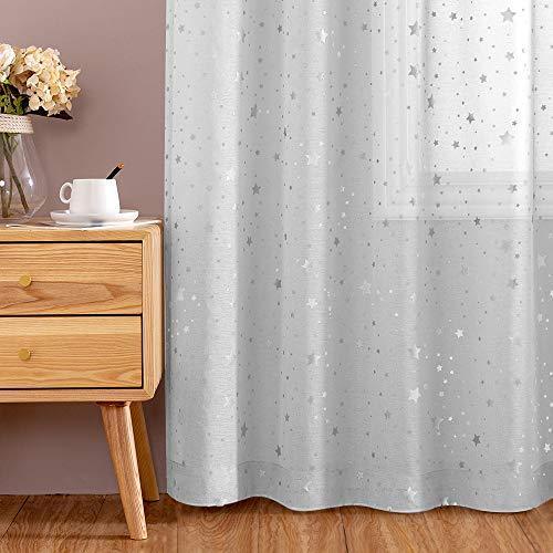 jinchan Sheer Curtains Foil Star Print for Living Room 63 Inches Long Starry Drapes for Girls Bedroom Rod Pocket Silver White Window Curtain Set 2 Panels Christmas Decor Party Backdrop Set Xmas Gift - SHOP NO2CO2