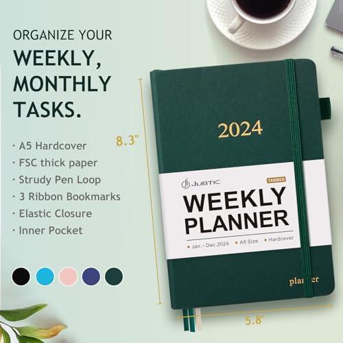 JUBTIC 2024 Planner, 2024 Weekly and Monthly Planner with Monthly Tabs, from January 2024 - December 2024, Stickers Included, A5(5.8"×8.5"), Hardcover,(Pine Green) - SHOP NO2CO2