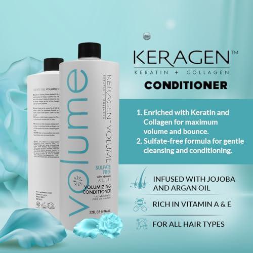 KERAGEN - Volumizing Conditioner for Fine Hair with Keratin and Collagen, Sulfate Free 32 Oz - Add Thickness, Hydrates and Enhances Hair Volume, with Panthenol, Vitamins, and Jojoba Oil - SHOP NO2CO2