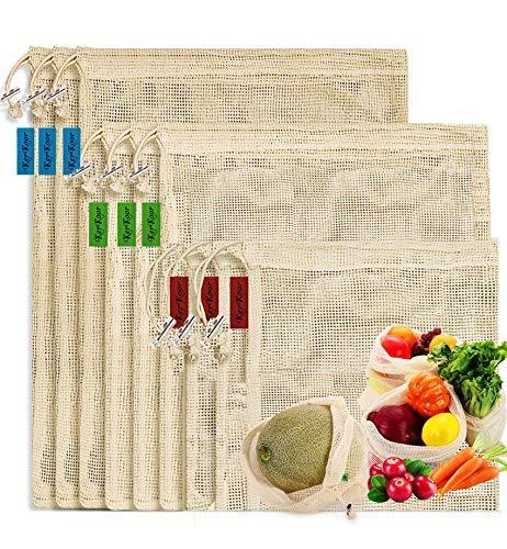 KerKoor Reusable-Cotton-Mesh-Produce-shopping-Bags-Washable Eco Friendly Premium See Through Lightweight Net zero Bulk Bags for Veggie Fruit Vegetable Grocery Storage (9 Packs) - SHOP NO2CO2