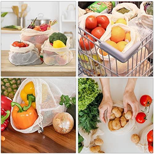 KerKoor Reusable-Cotton-Mesh-Produce-shopping-Bags-Washable Eco Friendly Premium See Through Lightweight Net zero Bulk Bags for Veggie Fruit Vegetable Grocery Storage (9 Packs) - SHOP NO2CO2