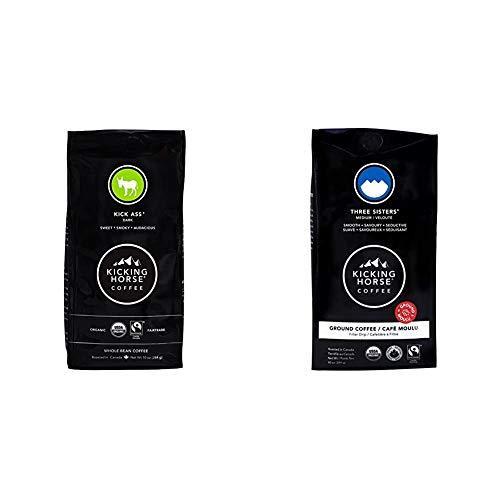 Kicking Horse Coffee, Kick Ass, Dark Roast, Whole Bean, 10 oz & Three Sisters, Medium Roast, Ground, 10 Oz - Certified Organic, Fairtrade, Kosher Coffee - SHOP NO2CO2