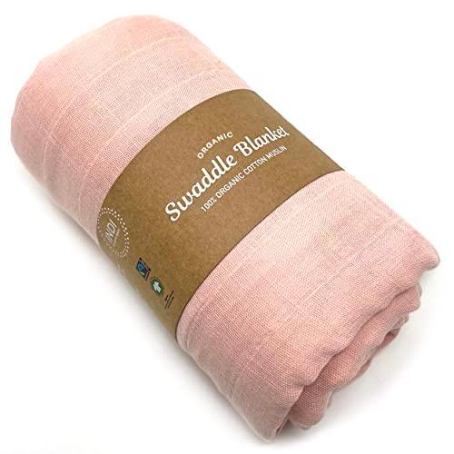 Kishu Baby Indi GOTS & Fairtrade Certified Organic Muslin Swaddle Blanket - 47 in x 47 in – Stonewashed for Extra Softness (Peach) - SHOP NO2CO2