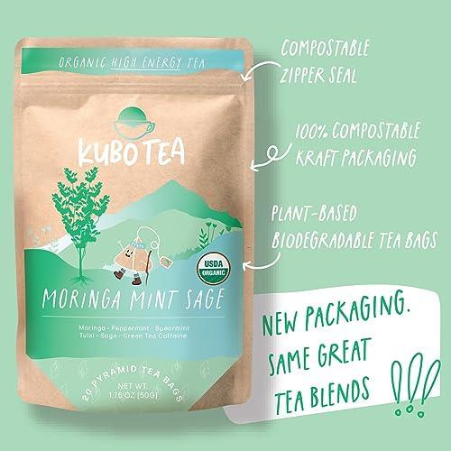 Kubo Tea, Organic High Energy, High Caffeine Blend, 20 Servings (140mg Caffeine each), Pyramid Tea Bags, Compostable & Biodgradable Packaging, Brew Hot or Iced, Healthy Coffee Substitute- Moringa Mint Sage - SHOP NO2CO2