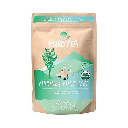 Kubo Tea, Organic High Energy, High Caffeine Blend, 20 Servings (140mg Caffeine each), Pyramid Tea Bags, Compostable & Biodgradable Packaging, Brew Hot or Iced, Healthy Coffee Substitute- Moringa Mint Sage - SHOP NO2CO2