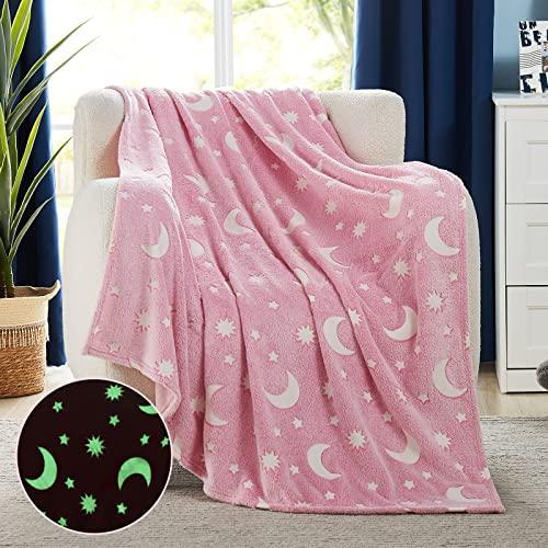 L'AGRATY Glow in The Dark Blanket - Pink 50" x 60" Soft Star Moon Kids Throw Blanket for Girls Personalized Cute Star Moon Fleece Fuzzy Blanket Gifts As Birthday Christmas Easter Thanksgiving Gift - SHOP NO2CO2