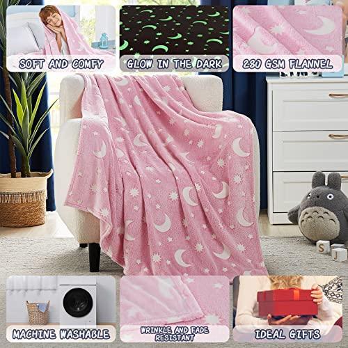 L'AGRATY Glow in The Dark Blanket - Pink 50" x 60" Soft Star Moon Kids Throw Blanket for Girls Personalized Cute Star Moon Fleece Fuzzy Blanket Gifts As Birthday Christmas Easter Thanksgiving Gift - SHOP NO2CO2