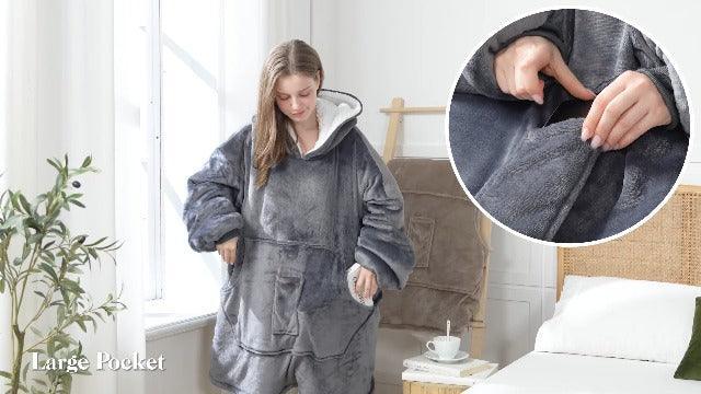 L'AGRATY Wearable Blanket Hoodie Oversized Giant Hooded Blanket Sweatshirt with Pocket Sleeves for Women Men Flannel Sherpa Soft Warm Cozy Blanket Jacket Sweater Gift for Adult Teens One Size Fits All - SHOP NO2CO2