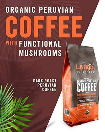 Laird Superfood Peruvian Dark Roast Coffee with Functional Mushrooms, Certified Organic Peruvian Ground Coffee Beans, Gluten-Free, Dairy-Free, Non-GMO, Paleo, Keto Friendly, 12 oz. Bag - SHOP NO2CO2