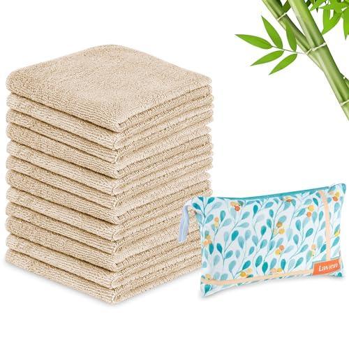 Lavien Home, 12 Pack Bamboo Washcloths with Multi-Purpose Clutch Bag, Ultra-Soft Absorbent Towels for Face, Body, Shower, Make-Up, Baby, and More - Cloud Touch, Reusable Wipes, 10"x10" (Beige) - SHOP NO2CO2