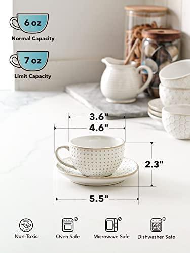 LE TAUCI 6 oz Cappuccino Cups with Saucers, House-warming Gift, Ceramic Embossment Coffee Cup for Au Lait, Double shot, Latte, Cafe Mocha, Tea - Set of 4, Arctic white - SHOP NO2CO2