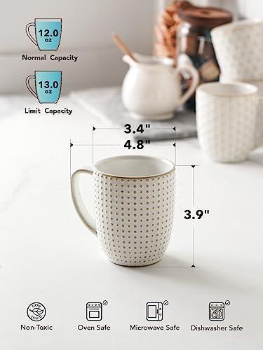 LE TAUCI Coffee Mugs 12 oz, Ceramic Mug Set, Housewarming Wedding Gift, Embossment Cups for Latte, Hot Tea, Cappuccino, Mocha, Cocoa - 3.4 inch, Set of 4, Arctic White - SHOP NO2CO2