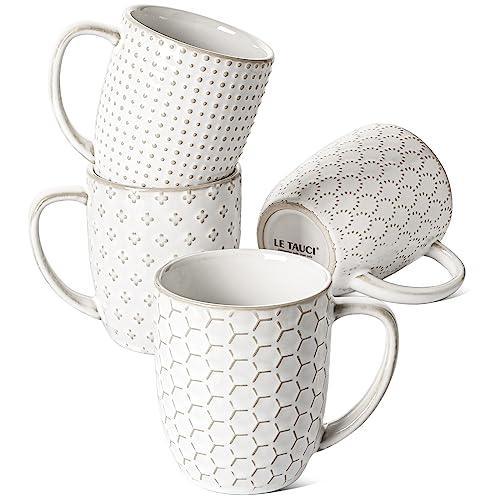 LE TAUCI Coffee Mugs 12 oz, Ceramic Mug Set, Housewarming Wedding Gift, Embossment Cups for Latte, Hot Tea, Cappuccino, Mocha, Cocoa - 3.4 inch, Set of 4, Arctic White - SHOP NO2CO2