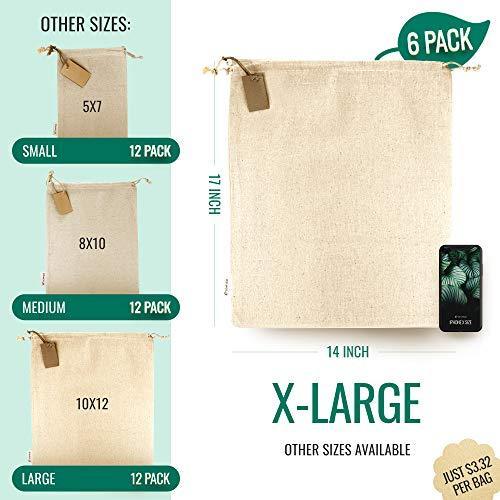 LEAFICO Cotton Storage Bags with Drawstrings X-Large 14x17 Multipurpose 6 Pcs - Canvas Fabric Bread Bags - Bulk Food Produce - Reusable Muslin - Natural Potato Onion Storage Bags - Cloth Shoe Bags - SHOP NO2CO2