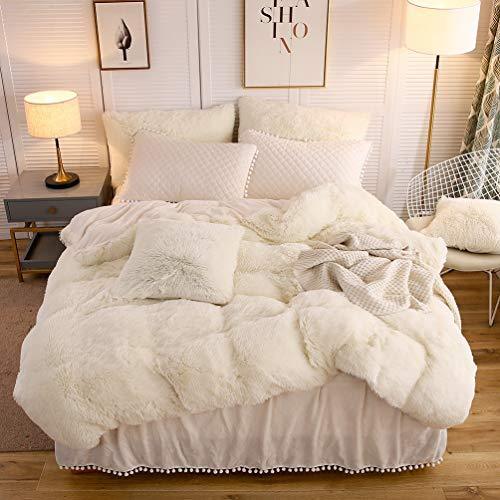 LIFEREVO Luxury Plush Shaggy Duvet Cover Set, Soft Velvet Fluffy Furry Duvet Cover Set(1 Faux Fur Fuzzy Comforter Cover + 2 Pompoms Pillow Cases) Bedding Set, Zipper Closure(Full/Queen, Light Beige) - SHOP NO2CO2