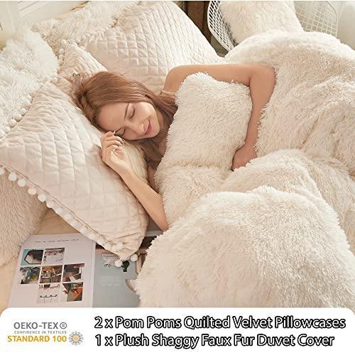 LIFEREVO Luxury Plush Shaggy Duvet Cover Set, Soft Velvet Fluffy Furry Duvet Cover Set(1 Faux Fur Fuzzy Comforter Cover + 2 Pompoms Pillow Cases) Bedding Set, Zipper Closure(Full/Queen, Light Beige) - SHOP NO2CO2