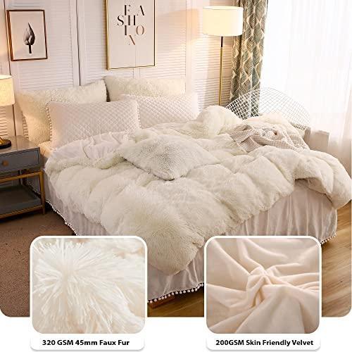 LIFEREVO Luxury Plush Shaggy Duvet Cover Set, Soft Velvet Fluffy Furry Duvet Cover Set(1 Faux Fur Fuzzy Comforter Cover + 2 Pompoms Pillow Cases) Bedding Set, Zipper Closure(Full/Queen, Light Beige) - SHOP NO2CO2