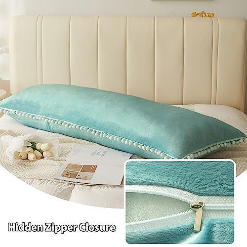 LIFEREVO Pompoms Velvet Bed Body Pillow Cover, Soft Fuzzy Body Pillow Pillowcase 20x54 for Side Sleeper Pregnancy, Microfiber Tassel Zippered Body Pillow Sham for Bedroom Farmhouse Home Decor, Teal - SHOP NO2CO2