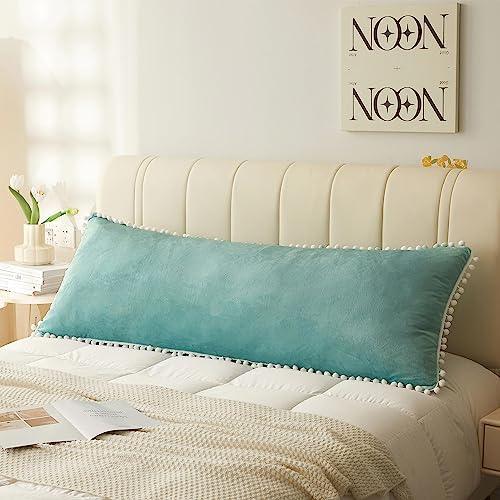 LIFEREVO Pompoms Velvet Bed Body Pillow Cover, Soft Fuzzy Body Pillow Pillowcase 20x54 for Side Sleeper Pregnancy, Microfiber Tassel Zippered Body Pillow Sham for Bedroom Farmhouse Home Decor, Teal - SHOP NO2CO2