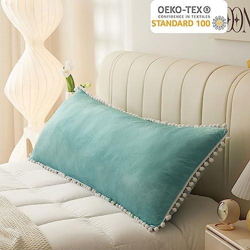 LIFEREVO Pompoms Velvet Bed Body Pillow Cover, Soft Fuzzy Body Pillow Pillowcase 20x54 for Side Sleeper Pregnancy, Microfiber Tassel Zippered Body Pillow Sham for Bedroom Farmhouse Home Decor, Teal - SHOP NO2CO2