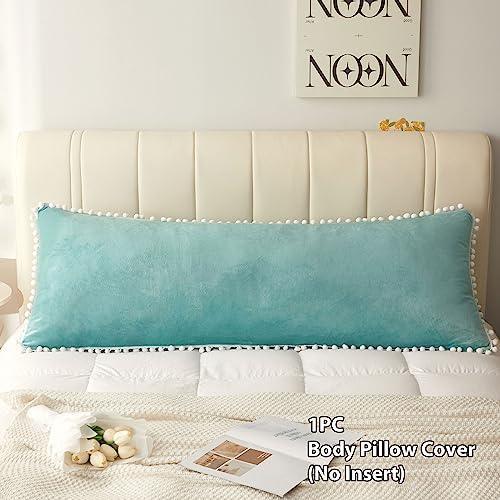 LIFEREVO Pompoms Velvet Bed Body Pillow Cover, Soft Fuzzy Body Pillow Pillowcase 20x54 for Side Sleeper Pregnancy, Microfiber Tassel Zippered Body Pillow Sham for Bedroom Farmhouse Home Decor, Teal - SHOP NO2CO2