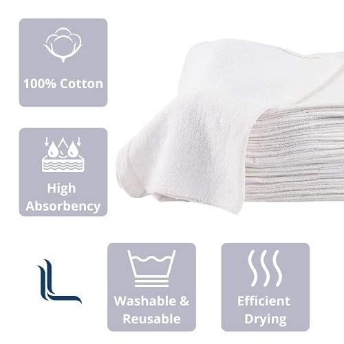 Linteum Textile (50-Pack, 12x14 in., White) Cotton Shop Towels - Absorbent Shop Rags and Multipurpose Cleaning Towels for Automobiles, Industries, Garage and Homes - SHOP NO2CO2