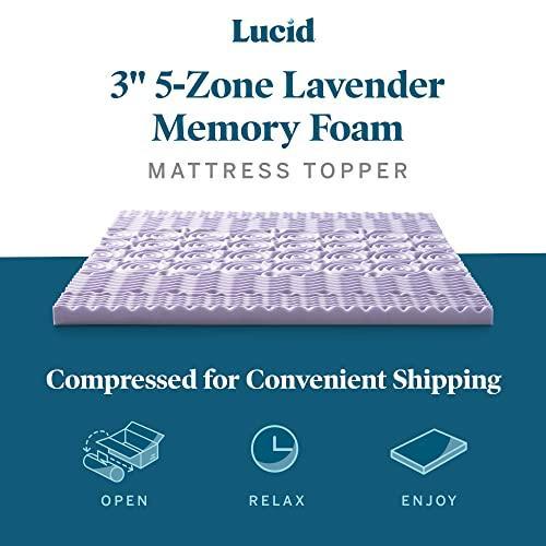 Lucid 3 Inch Mattress Topper California King – Memory Foam Mattress Topper California King – 5 Zone Lavender Infusion – CertiPur Certified Foam - SHOP NO2CO2