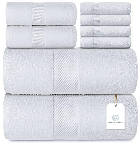 Luxury White Bath Towel Set - Combed Cotton Hotel Quality Absorbent 8 Piece Towels | 2 Bath Towels 700GSM | 2 Hand Towels | 4 Washcloths [Worth $72.95] 8Pc | White - SHOP NO2CO2