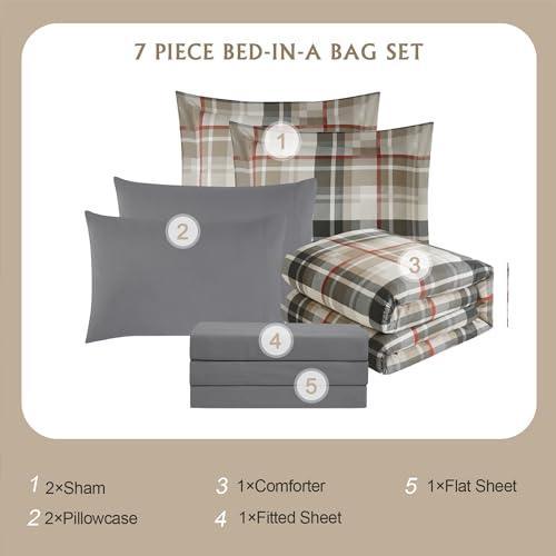 MaiRêve Queen Comforter Set, Plaid Design Comforter Set 7 Pieces, All Season Comfortable Bedding Sets Queen, Lightweight, Warm and Breathable (Khaki, Queen, 90"x90") - SHOP NO2CO2