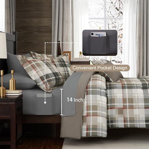 MaiRêve Queen Comforter Set, Plaid Design Comforter Set 7 Pieces, All Season Comfortable Bedding Sets Queen, Lightweight, Warm and Breathable (Khaki, Queen, 90"x90") - SHOP NO2CO2