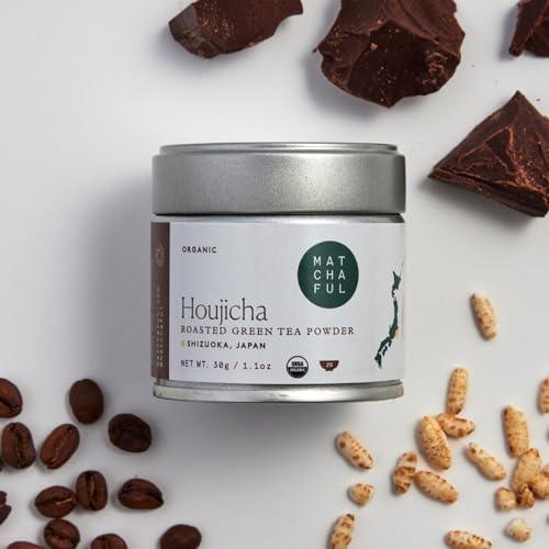 Matchaful - Houjicha Powder - Organic Roasted Green Tea. Smooth and Earthy with Tasting Notes of Coffee, Puffed Rice, Cacao. Enjoy Hot or Iced. 30g Tin - SHOP NO2CO2