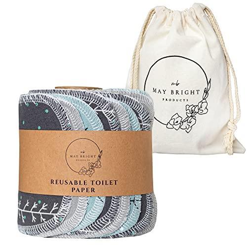 May Bright Reusable Toilet Paper with Washable Canvas Bag - Reusable Bidet Wipes - 2-ply - 15 Pack with Durable Cardboard Roll - Zero Waste Bidet Towels - SHOP NO2CO2