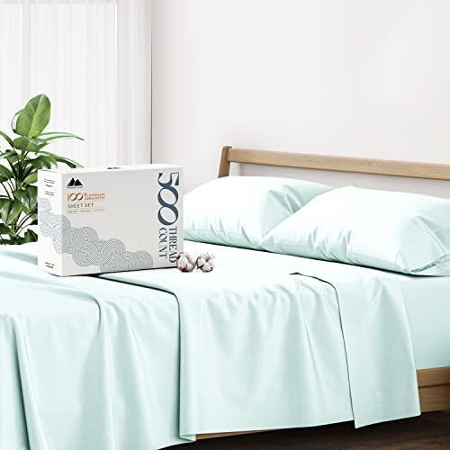 Mayfair Linen 500 Thread Count Cotton Sheet Full Size Sheets Set, 4-Piece Long - Staple Pure Cotton Best Sheets for Bed, Cooling, Soft Silky Sateen Weave Fits Mattress Upto 16'' Deep Pocket, Sea Foam - SHOP NO2CO2