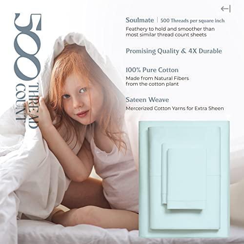 Mayfair Linen 500 Thread Count Cotton Sheet Full Size Sheets Set, 4-Piece Long - Staple Pure Cotton Best Sheets for Bed, Cooling, Soft Silky Sateen Weave Fits Mattress Upto 16'' Deep Pocket, Sea Foam - SHOP NO2CO2