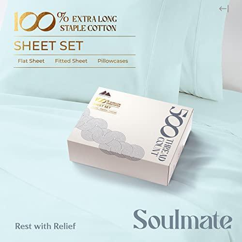 Mayfair Linen 500 Thread Count Cotton Sheet Full Size Sheets Set, 4-Piece Long - Staple Pure Cotton Best Sheets for Bed, Cooling, Soft Silky Sateen Weave Fits Mattress Upto 16'' Deep Pocket, Sea Foam - SHOP NO2CO2